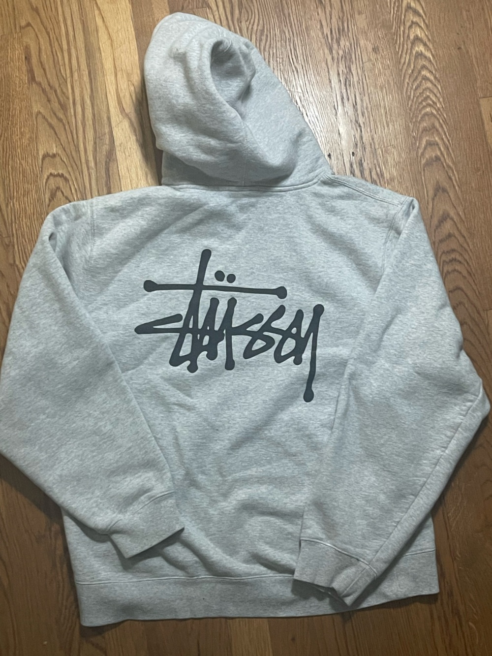 Stussy Basic Logo Hoodie Ash Heather Grey Black Script Graphic Large